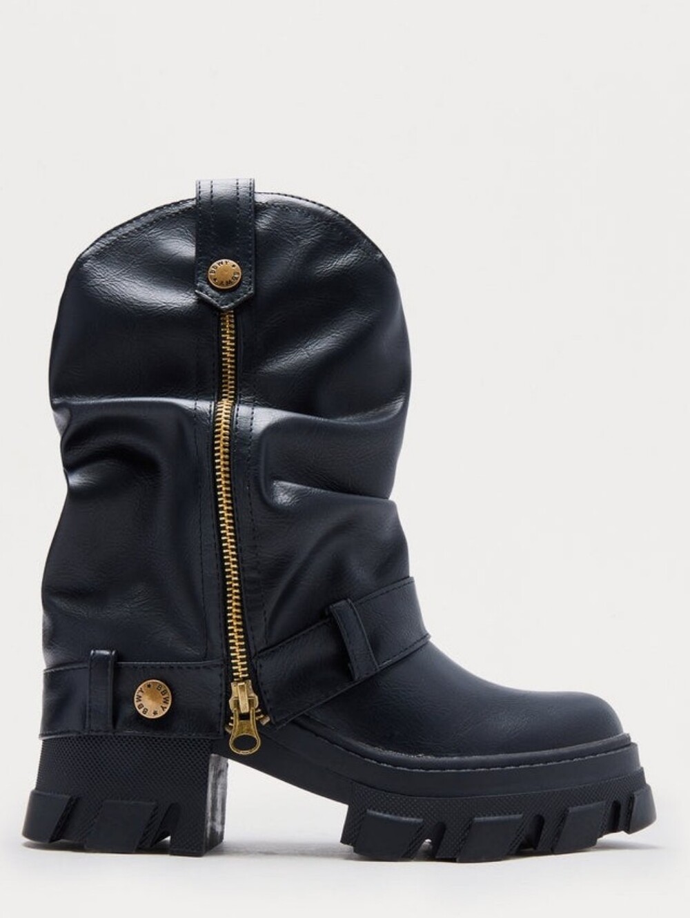 Black Mid-Calf Combat Boot with Gold Zip Accent